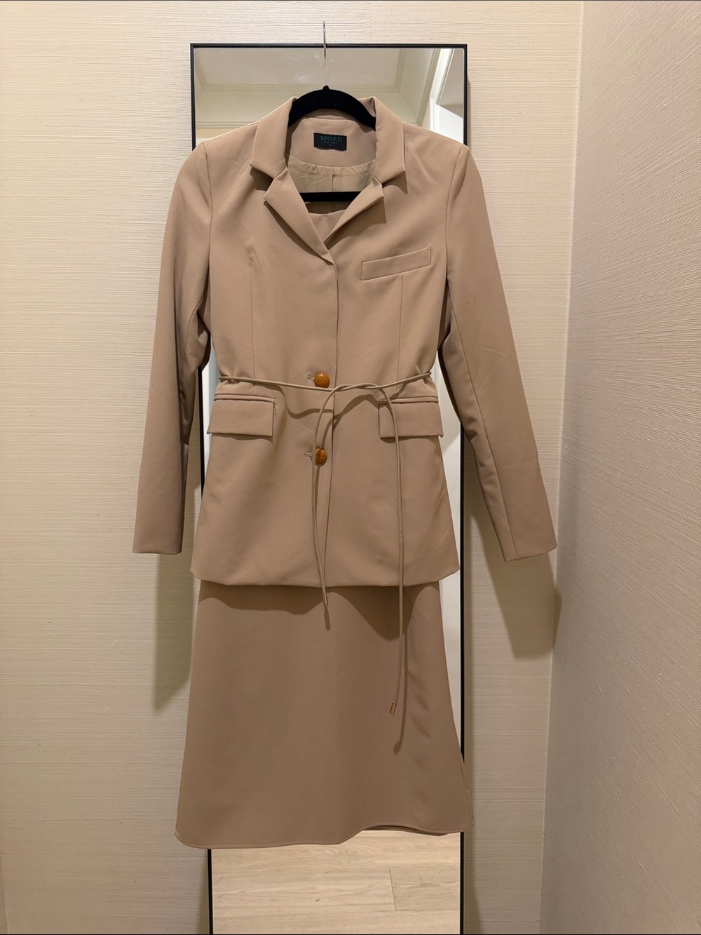 Tailored Beige Skirt Set with Tie-Waist Jacket